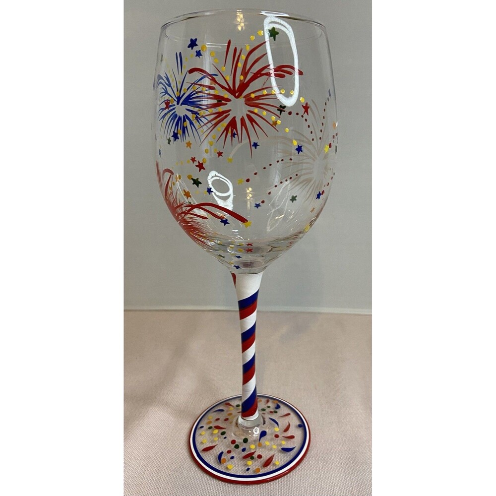 Hand Painted Fire Works Large Wine Glass. - Picture 2 of 7